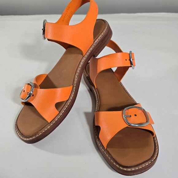 Everlane Women's Size 8 Twin-Buckle Leather Sandals Turmeric Orange Flat - Picture 2 of 13